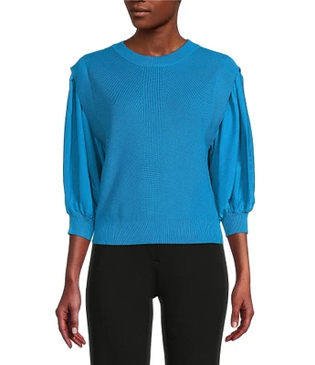 DKNY by Donna Karan Mixed Media 3/4 Sleeve Crew Neck Knit Top