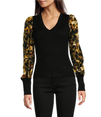 DKNY by Donna Karan Knit Mix Media Puff Long Sleeve Top