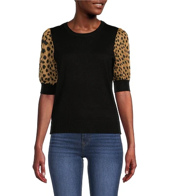 DKNY by Donna Karan Cheetah Print Short Puff Sleeve Knit Top