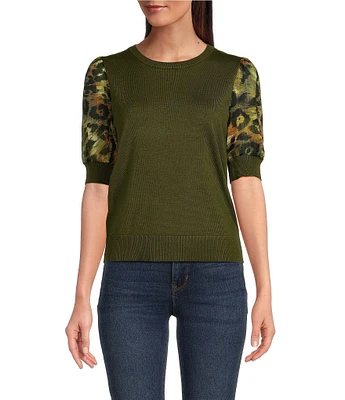 DKNY by Donna Karan Mix Media Short Puff Sleeve Knit Top