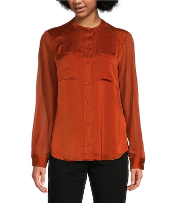 DKNY by Donna Karan Mixed Media Banded Collar Long Sleeve Utility Shirt