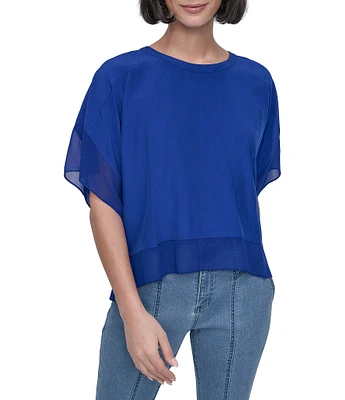 DKNY by Donna Karan Mixed Media Crew Neck Dolman Short Sleeve Top