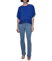 DKNY by Donna Karan Mixed Media Crew Neck Dolman Short Sleeve Top