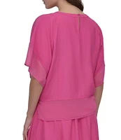 DKNY by Donna Karan Mixed Media Crew Neck Dolman Short Sleeve Top