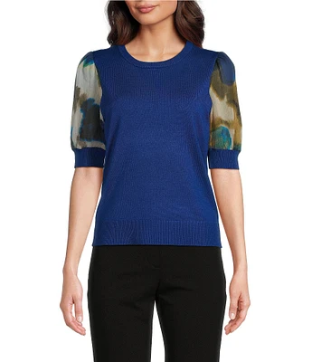 DKNY by Donna Karan Mixed Media Crew Neck Printed Puff Sleeve Top