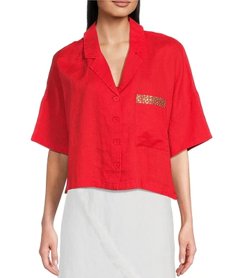 DKNY by Donna Karan Notch Collar Short Sleeve Embellished Chest Pocket Button Front Shirt