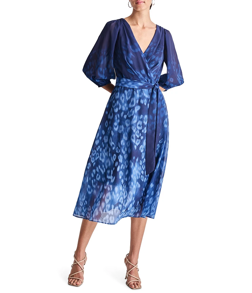 DKNY by Donna Karan Ombre Printed Surplice V-Neck Elbow Balloon Sleeve Tie Waist Midi Dress