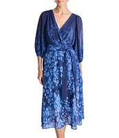 DKNY by Donna Karan Ombre Printed Surplice V-Neck Elbow Balloon Sleeve Tie Waist Midi Dress