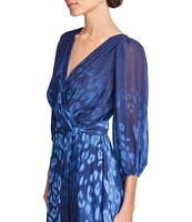 DKNY by Donna Karan Ombre Printed Surplice V-Neck Elbow Balloon Sleeve Tie Waist Midi Dress