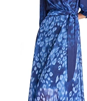 DKNY by Donna Karan Ombre Printed Surplice V-Neck Elbow Balloon Sleeve Tie Waist Midi Dress