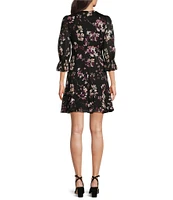 DKNY by Donna Karan Petite Size 3/4 Ruffle Sleeve V-Neck Ruffle Hem Floral Dress