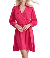 DKNY by Donna Karan Petite Size Collared V-Neck Long Sleeve Tie Waist Shirtdress