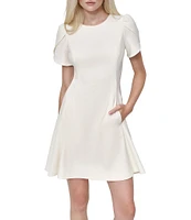 DKNY by Donna Karan Petite Size Crew Neck Short Tulip Sleeve Fit and Flare Dress