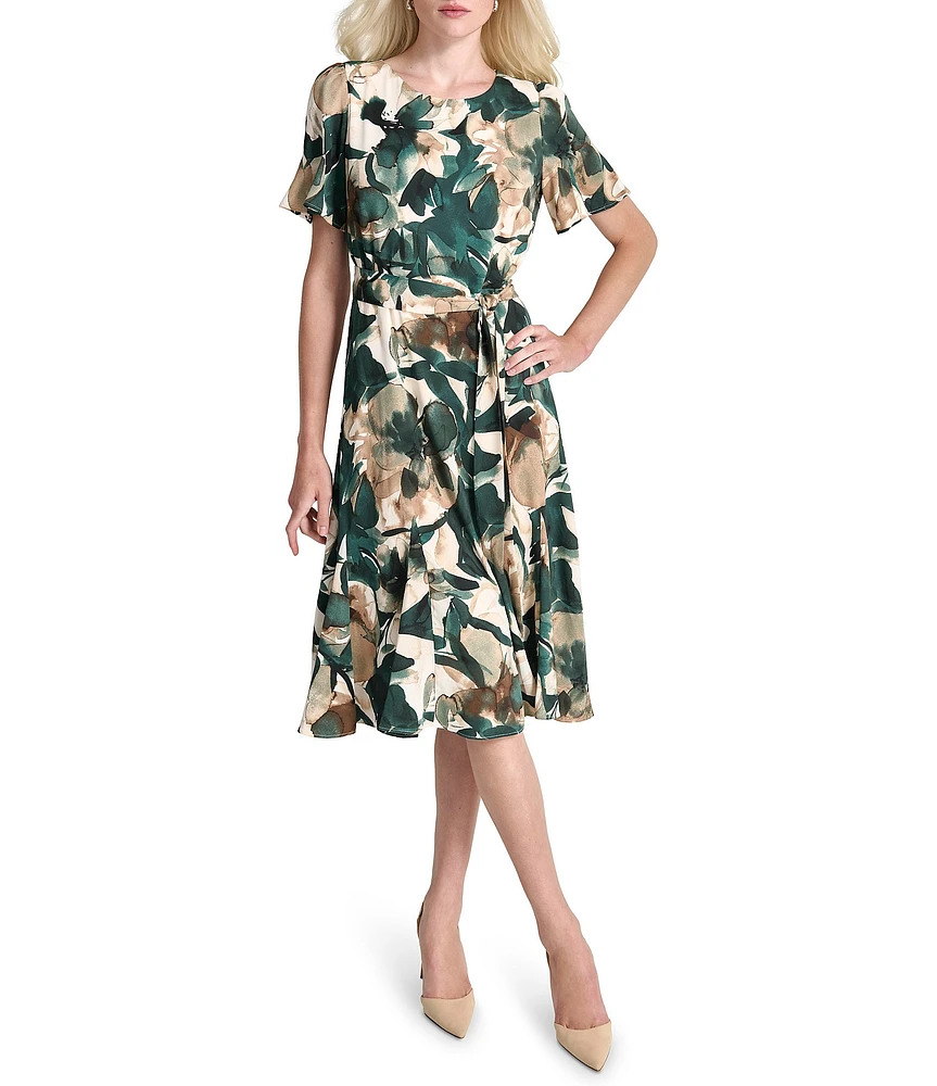 DKNY by Donna Karan Petite Size Floral Print Crew Neck Godet Sleeve Belted A-Line Dress