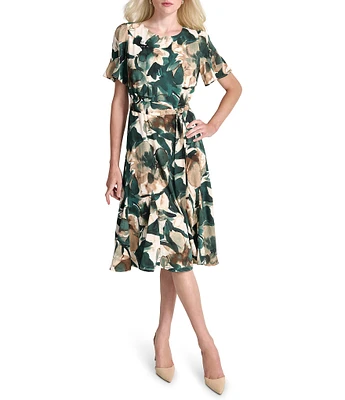 DKNY by Donna Karan Petite Size Floral Print Crew Neck Godet Sleeve Belted A-Line Dress