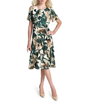 DKNY by Donna Karan Petite Size Floral Print Crew Neck Godet Sleeve Belted A-Line Dress