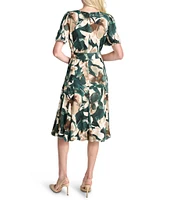 DKNY by Donna Karan Petite Size Floral Print Crew Neck Godet Sleeve Belted A-Line Dress