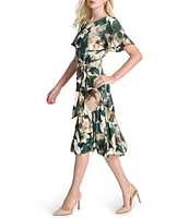 DKNY by Donna Karan Petite Size Floral Print Crew Neck Godet Sleeve Belted A-Line Dress