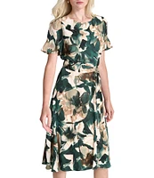 DKNY by Donna Karan Petite Size Floral Print Crew Neck Godet Sleeve Belted A-Line Dress