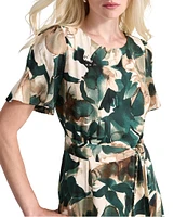 DKNY by Donna Karan Petite Size Floral Print Crew Neck Godet Sleeve Belted A-Line Dress