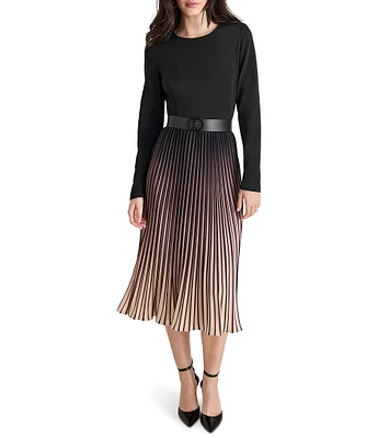 DKNY by Donna Karan Petite Size Ombre Knit Crew Neck Long Sleeve Pleated Belted Dress