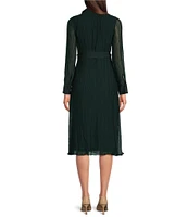 DKNY by Donna Karan Petite Size Point Collar Long Sleeve Belted A-Line Midi Dress