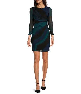 DKNY by Donna Karan Petite Size Printed Mesh Knit Crew Neck Long Sleeve Sheath Dress