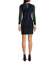 DKNY by Donna Karan Petite Size Printed Mesh Knit Crew Neck Long Sleeve Sheath Dress