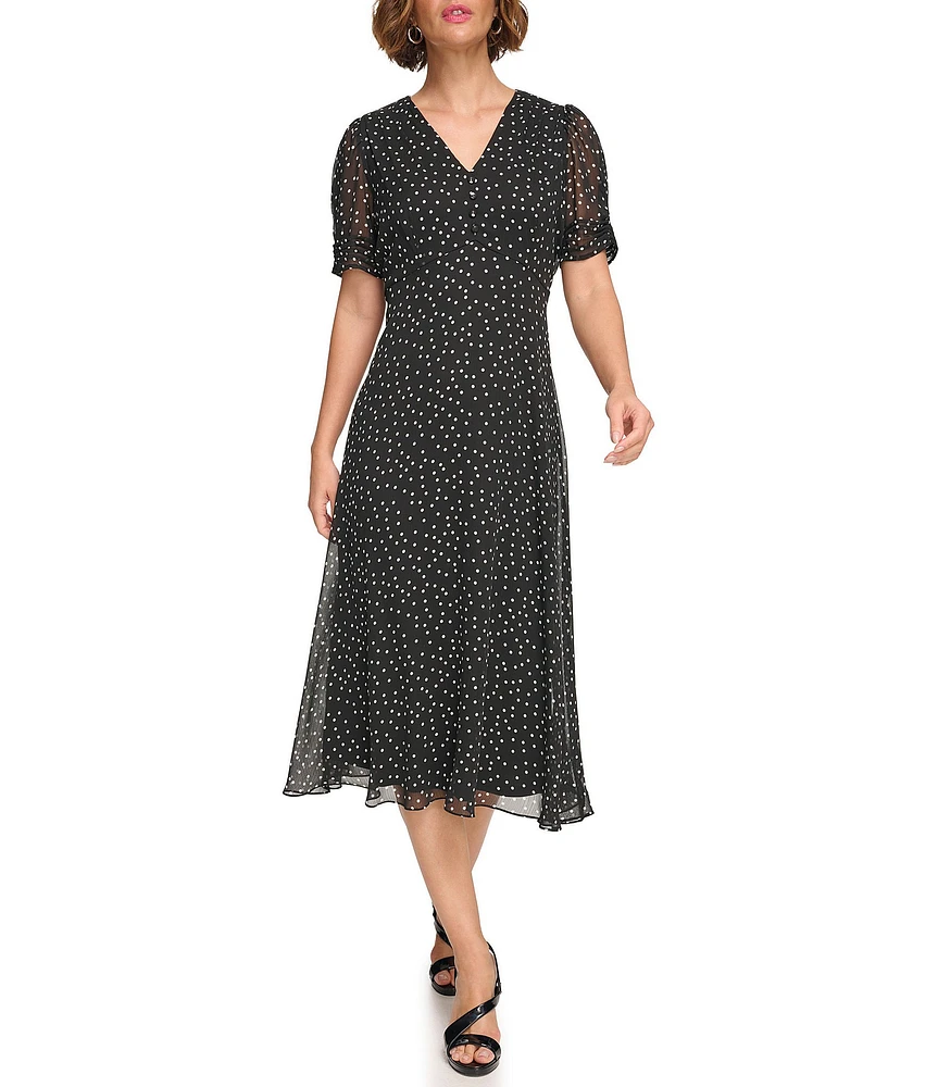 DKNY by Donna Karan Petite Size Short Ruched Sleeve V-Neck Polka Dot Chiffon Midi Dress