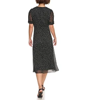 DKNY by Donna Karan Petite Size Short Ruched Sleeve V-Neck Polka Dot Chiffon Midi Dress