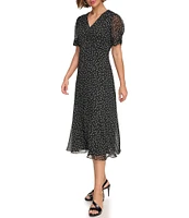 DKNY by Donna Karan Petite Size Short Ruched Sleeve V-Neck Polka Dot Chiffon Midi Dress