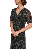 DKNY by Donna Karan Petite Size Short Ruched Sleeve V-Neck Polka Dot Chiffon Midi Dress