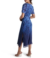 DKNY by Donna Karan Petite Size Short Sleeve Sweetheart Neck Printed Midi Dress