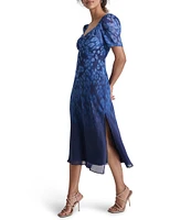 DKNY by Donna Karan Petite Size Short Sleeve Sweetheart Neck Printed Midi Dress