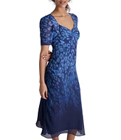 DKNY by Donna Karan Petite Size Short Sleeve Sweetheart Neck Printed Midi Dress