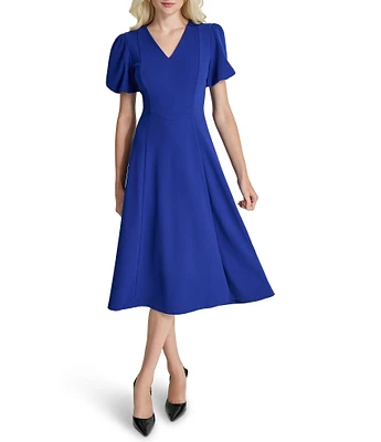 DKNY by Donna Karan Petite Size V Neck Bubble Sleeve Fit and Flare Midi Dress