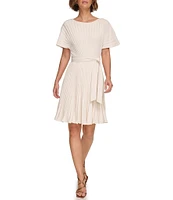 DKNY by Donna Karan Petite Size Woven Pleated Crew Neck Short Sleeves Belted Fit & Flare Dress