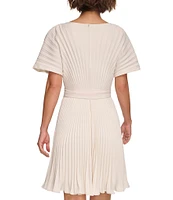 DKNY by Donna Karan Petite Size Woven Pleated Crew Neck Short Sleeves Belted Fit & Flare Dress