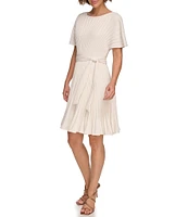 DKNY by Donna Karan Petite Size Woven Pleated Crew Neck Short Sleeves Belted Fit & Flare Dress