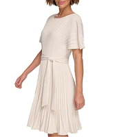 DKNY by Donna Karan Petite Size Woven Pleated Crew Neck Short Sleeves Belted Fit & Flare Dress