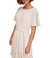 DKNY by Donna Karan Petite Size Woven Pleated Crew Neck Short Sleeves Belted Fit & Flare Dress