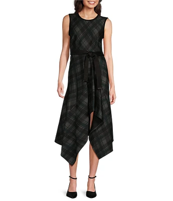 DKNY by Donna Karan Plaid Crew Neck Sleeveless Belted Hanky Hem Dress