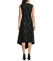 DKNY by Donna Karan Plaid Crew Neck Sleeveless Belted Hanky Hem Dress