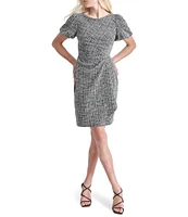 DKNY by Donna Karan Plaid Knit Boat Neck Short Puff Sleeve Gathered Side Mini Dress