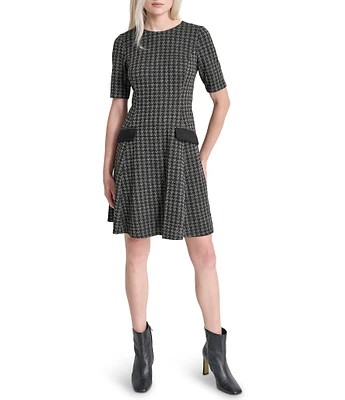 DKNY by Donna Karan Plaid Knit Boat Neck Short Sleeve Fit and Flare Mini Dress