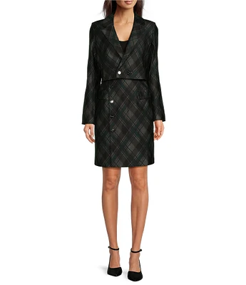 DKNY by Donna Karan Notch Lapel Button Detail Long Sleeve Plaid Sheath Dress