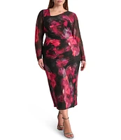 DKNY by Donna Karan Plus Size Asymmetrical Neck Long Sleeve Ruched Bodice Midi Dress