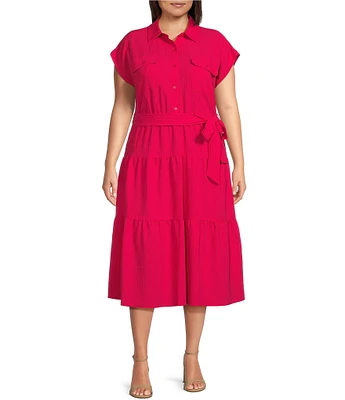 DKNY by Donna Karan Plus Size Cap Sleeve Point Collar Tie Waist Side Pocket Tiered A-Line Midi Dress