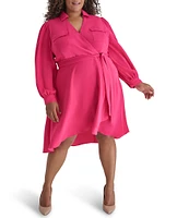 DKNY by Donna Karan Plus Size Collared V-Neck Long Sleeve Tie Waist Shirtdress