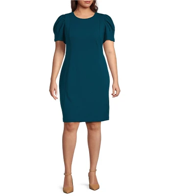 DKNY by Donna Karan Plus Size Crepe Crew Neck Puff Sleeve Sheath Dress